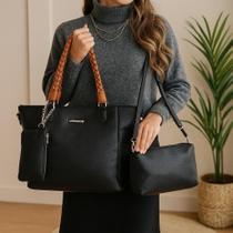 Kit 3 Bolsas Femininas Alça Trançada Material Sintético Grande Transversal Necessaire Várias Cores