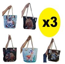 Kit 3 Bolsas Ombro Lona c/ Alça de Cordas Estampa Sortida