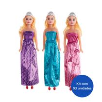 Kit 3 Bonecas Joyce Princesa 28cm Vestido Azul Roxo e Rosa