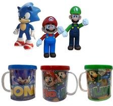 Kit 3 Bonecos Sonic, Mario, Luigi + Canecas 350ml