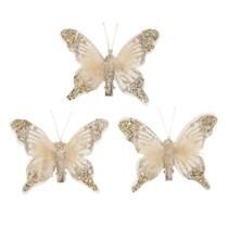 Kit 3 Borboletas Decoradas Glitter Champanhe Plumas Luxo 12cm - Magizi - Yangzi