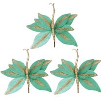 Kit 3 Borboletas Flor Pick Natal Veludo Verde e Glitter Dourado 20cm - Art Christmas Kit 3 Borboletas Flor Pick Natal Veludo Verde e Glitter Dourado 20cm - Art Christmas