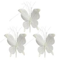 Kit 3 Borboletas Pick Natal Branca Full Glitter Luxo 23cm - Magizi
