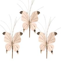 Kit 3 Borboletas Pick Natal Champanhe Full Glitter Luxo 23cm - Magizi