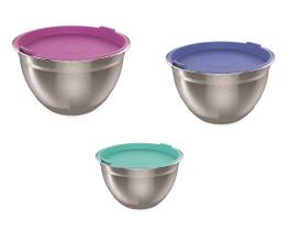 Kit 3 bowl tigelas em inox com tampa base silicone antiderrapante de 16, 20 e 24 cm Kit 3 bowl tigelas em inox com tampa base silicone antiderrapante de 16, 20 e 24 cm