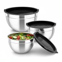 Kit 3 Bowls de Aço Inox com Tampas Tigelas Empilháveis para Cozinha, Preparo e Armazenamento Kit 3 Bowls de Aço Inox com Tampas Tigelas Empilháveis para Cozinha, Preparo e Armazenamento