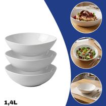 Kit 3 Bowls Tigelas Opalina Branca 1,4 Litros Comet Vidro Temperado Saladeira Grande Cozinha Resistente Elegante