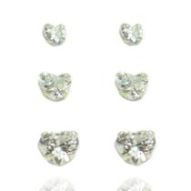 Kit 3 Brinco Coração Zirconia Branca Prata 925 Kit 3 Brinco Coração Zirconia Branca Prata 925