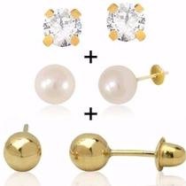 Kit 3 Brincos 7mm Ouro 18k 750 Pérola Bolinha Ponto De Luz Kit 3 Brincos 7mm Ouro 18k 750 Pérola Bolinha Ponto De Luz
