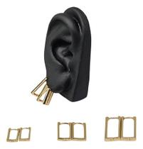 Kit 3 Brincos Feminino Argola Retangular Banhada A Ouro 18k