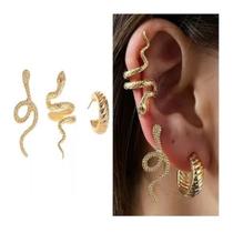 Kit 3 Brincos Feminino Pressão Cobra Serpente Enrolada Ouro Prata
