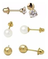 Kit 3 Brincos Ouro 18k Bebê+ Brinco Argola Ouro 18k