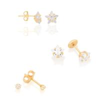 Kit 3 Brincos Rommanel Banhado Ouro 18k Estrela Zircônia