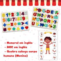 Kit 3 Brinquedo Educativo Ingles Portugues Quebra Cabeça Corpo Humano Menino c/ Alfabeto e Numeral Madeira encaixe