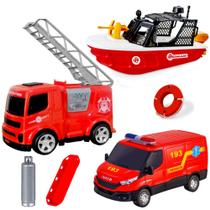 Kit 3 brinquedos Bombeiros Carrinho Resgate Barco Flutua Caminhão Levanta Escada