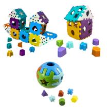 Kit 3 Brinquedos Educativos Baby, Barco Com Blocos, Casinha de Encaixar, Bola P, Didática de Formas, Aprendizado e Coordenação Motora