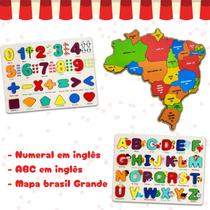 Kit 3 Brinquedos Educativos Encaixe Madeira Mapa do Brasil Grande Alfabeto e Numeral Montessori