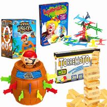 Kit 3 Brinquedos Infantil Barril Pirata Torremoto Caiu Perdeu Equilibrista Maluco Desafios Didáticos