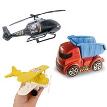 Kit 3 Brinquedos Menino Avião Teco Teco Helicóptero e Caminhão Caçamba