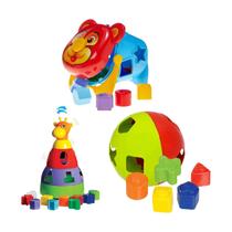 Kit 3 Brinquedos Pedagogicos Girafa Ursinho e Bola Baby Multicor Educativo Interativo Didatico