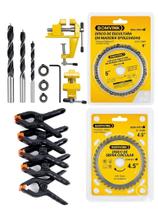 Kit 3 Broca Cavilha Madeira, Mini Torno de bancada, Disco serra Circular 4.5, Disco Corrente motoserra e 6 Grampos Sargento