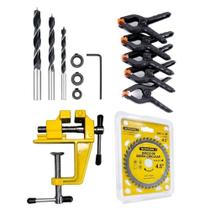 Kit 3 Broca Cavilha + Mini Torno + 6 Grampos Sargento + Disco Serra Circular 4.5 Madeira Mdf