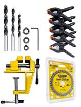 Kit 3 Broca Cavilha, Mini Torno bancada, 6 Grampos Sargento e Disco Serra Circular 4.5 madeira mdf móveis marcenaria profissional