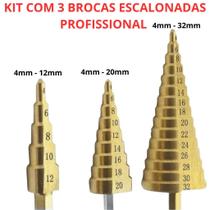 Kit 3 Broca Escalonada Espiral Aço Titânio 4 a 32mm Titânio Perfuração Metal