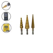 Kit 3 Brocas Escalonada Titânio 4-12 4-20 3-12MM Profissional Com Estojo