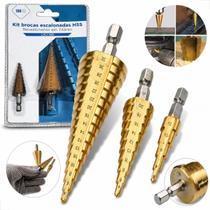 Kit 3 Brocas Escalonadas HSS Titânio 412 420 432mm Para Furadeira Metal Madeira PVC Kit 3 Brocas Escalonadas HSS Titânio 412 420 432mm Para Furadeira Metal Madeira PVC