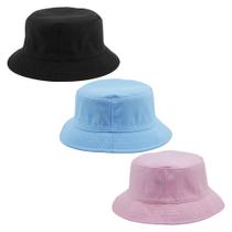 Kit 3 Bucket Hat Liso Unissex Preto, Azul Claro E Rosa Claro