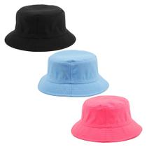 Kit 3 Bucket Hat Liso Unissex, Preto, Azul Claro E Rosa Neon Kit 3 Bucket Hat Liso Unissex, Preto, Azul Claro E Rosa Neon