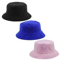 Kit 3 Bucket Hat Liso Unissex - Preto, Azul Royal E Rosa Claro