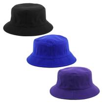 Kit 3 Bucket Hat Liso Unissex - Preto, Azul Royal E Roxo