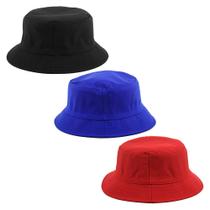 Kit 3 Bucket Hat Liso Unissex - Preto, Azul Royal E Vermelho