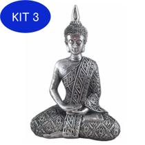 Kit 3 Buda Hindu Prata Tibetano Tailandês Sidarta Resina 20cm - Mahalo Artesanato