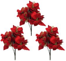 Kit 3 Buquê Natal Bico de Papagaio Vermelho Camurça e Dourado 5 Flores 47cm - Master Christmas