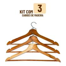 Kit 3 Cabides De Madeira Marfim Com Verniz Adulto Barra Blusa Calça Jaqueta Casaco Saias Conjunto Camisetas Atacado