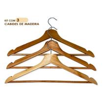 Kit 3 Cabides Madeira Marfim Verniz Adulto Barra Blusa Calça