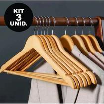 Kit 3 Cabides Madeira Verniz Marfim Adulto Roupa Acessórios Organização Reforçado Básico