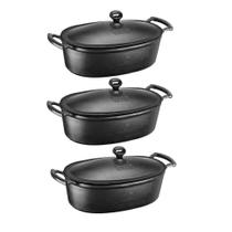 Kit 3 Caçarolas Oval Com Alça E Tampa De Ferro Fundido 5L.