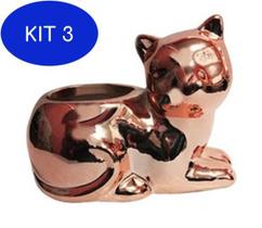 Kit 3 Cachepot Enfeite Gato Em Porcelana Metalizada Rose Gold