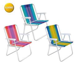 Kit 3 Cadeira Alta Alumínio Listrada Praia Camping - Mor