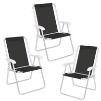 Kit 3 Cadeira Conforto Encosto Alto Alumínio Sannet Praia Piscina Preta - 2181 Mor