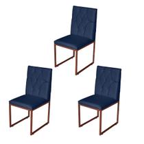 Kit 3 Cadeira de Jantar Escritorio Industrial Malta Capitonê Ferro Bronze Suede Azul Marinho - Móveis Mafer