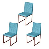 Kit 3 Cadeira de Jantar Escritorio Industrial Malta Capitonê Ferro Bronze Suede Azul Turquesa - Móveis Mafer