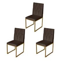 Kit 3 Cadeira de Jantar Escritorio Industrial Malta Capitonê Ferro Dourado material sintético Marrom - Móveis Mafer