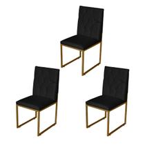 Kit 3 Cadeira de Jantar Escritorio Industrial Malta Capitonê Ferro Dourado material sintético Preto - Móveis Mafer
