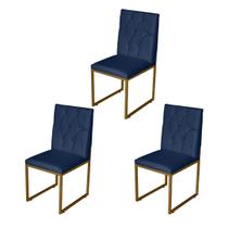 Kit 3 Cadeira de Jantar Escritorio Industrial Malta Capitonê Ferro Dourado Suede Azul Marinho - Móveis Mafer