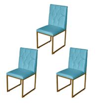 Kit 3 Cadeira de Jantar Escritorio Industrial Malta Capitonê Ferro Dourado Suede Azul Turquesa - Móveis Mafer